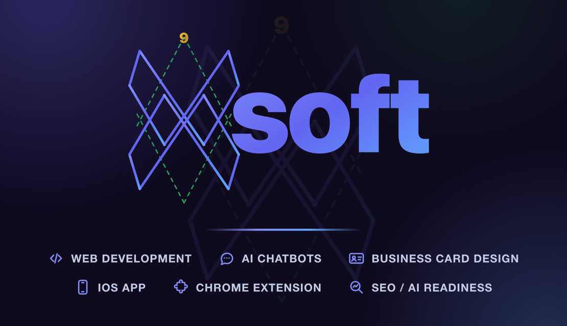 The xSoft business card, front face — the 3-6-9 vortex logo mark above two lines of services.